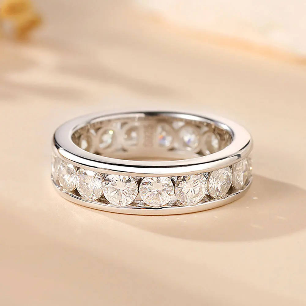 3mm 4mm D VVS1 Round Brilliant Cut Moissanite Eternity Band S925 Sterling Silver Pass Diamond Tester Luxury Couple Rings For Men Women Wedding Engagement Stackable Jewelry Gift