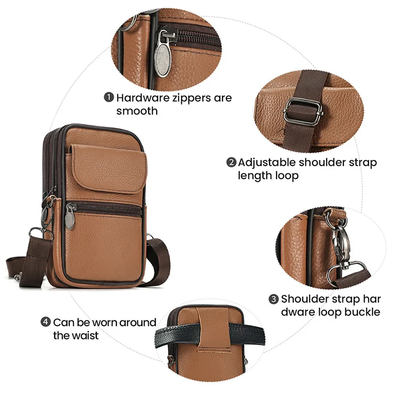 Men real leather shoulder backpack wear belt waist hanging purse diagonal cross square mobile phone bag