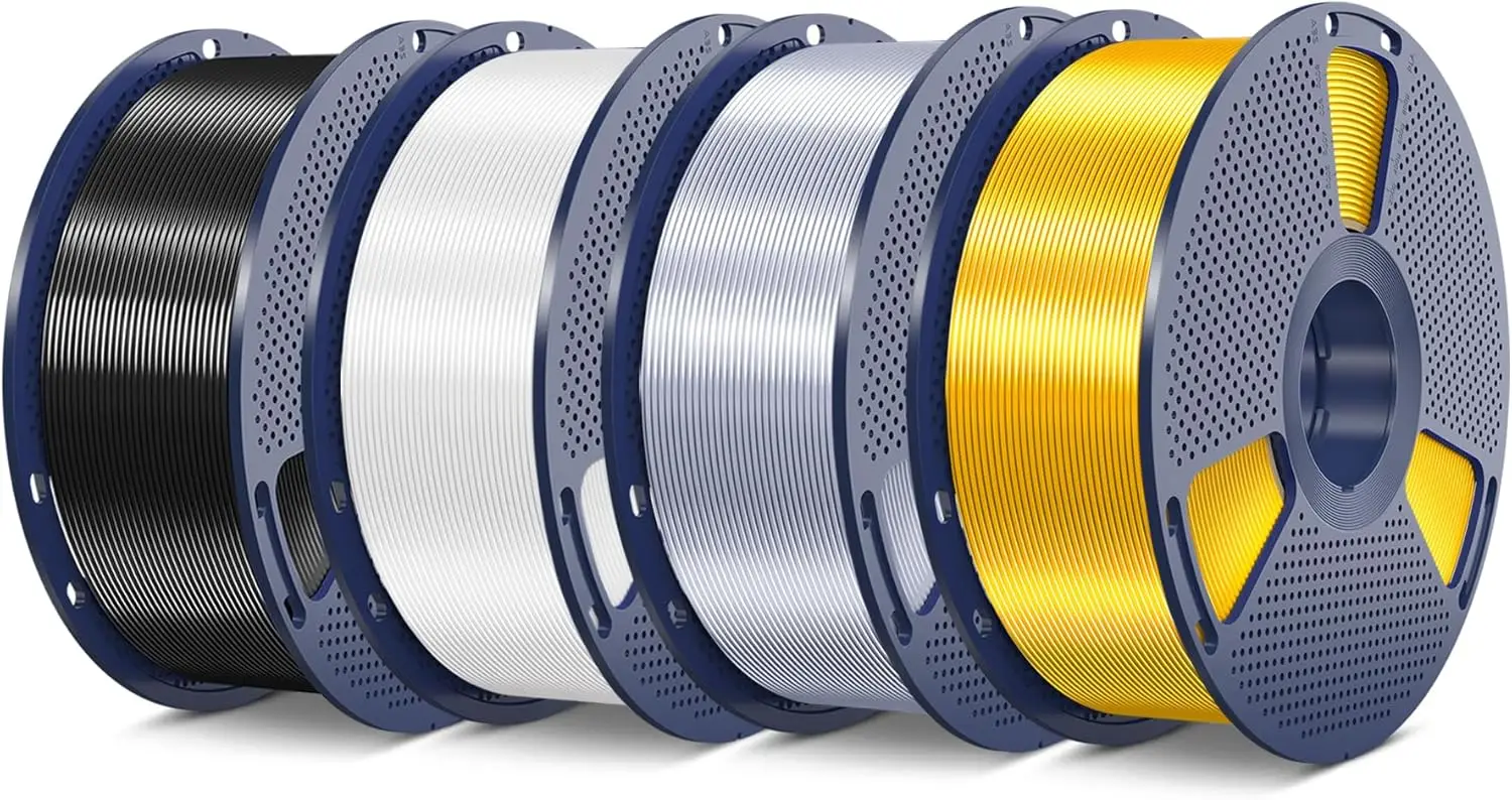 

Silk PLA Plus Filament 4kg Bundle, Shiny Surface 1.75mm ±0.02mm, Glossy 3D Printing Filament, 1kg Spool, 4 Packs (Light Gold+Silver+Black+White)