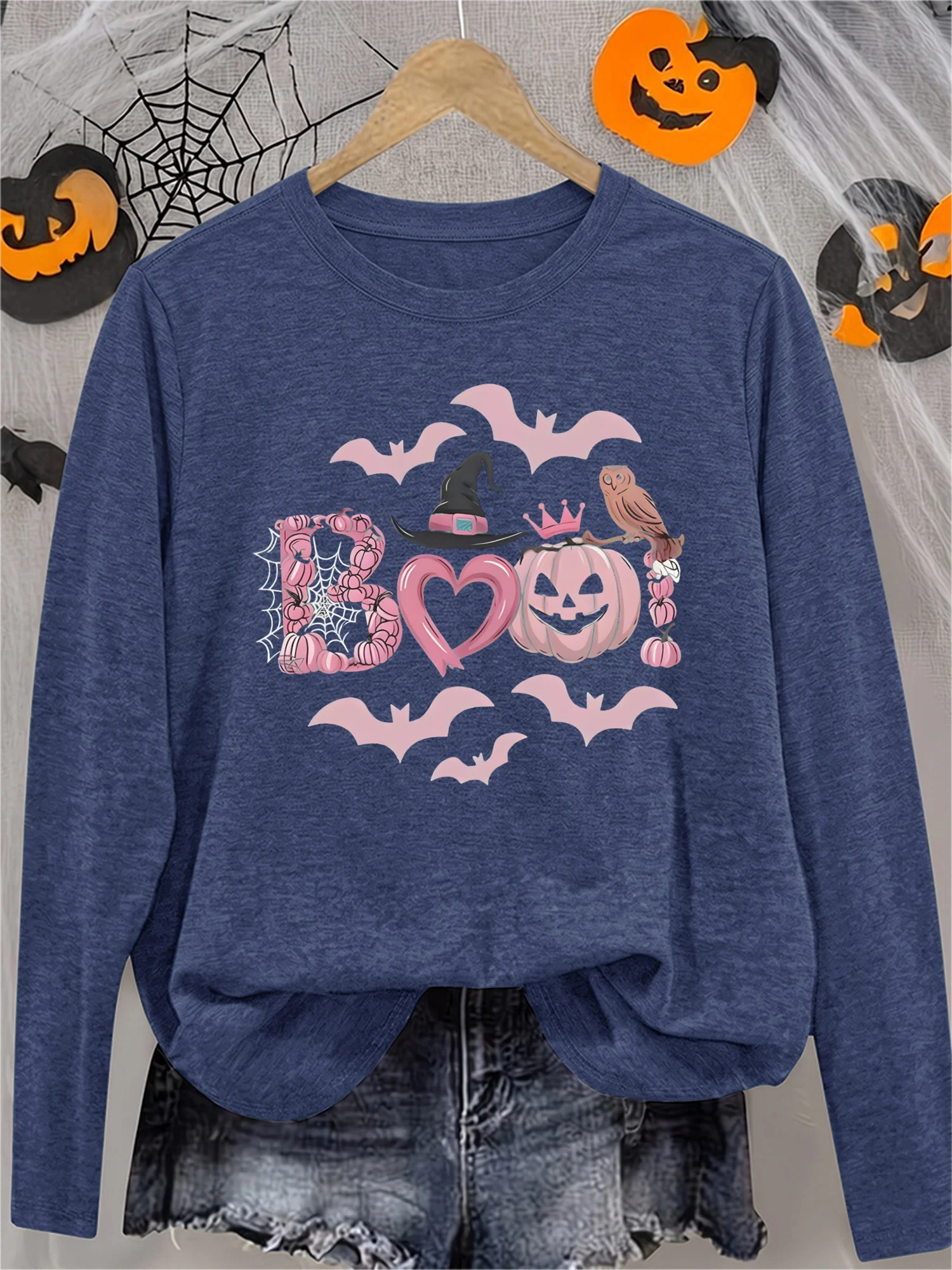 Women's Halloween Long Sleeve Tee - Cute Soft Horror Bat Pumpkin Heart Witch Hat Owl Print, Funny Gift, Soft Casual Athletic Vacation Top, US Local Shipping