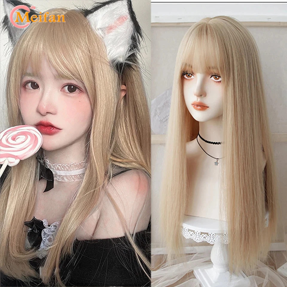 MEIFAN Synthetic Long Straight Cosplay Wig with Bangs Wig Girl Korean Cute Pink Blonde Black Party Halloween Lolita Wig