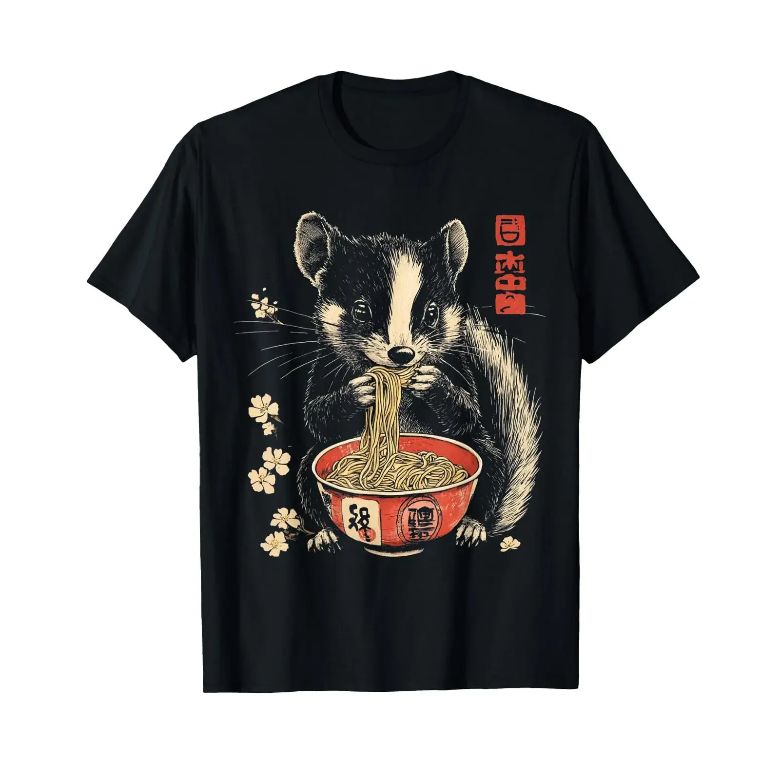 Funny Skunk Animal Eating Ramen Noodles T Shirt vintage Washed Breathable Soft fashion Comfortable Slightly Unisex streetwear