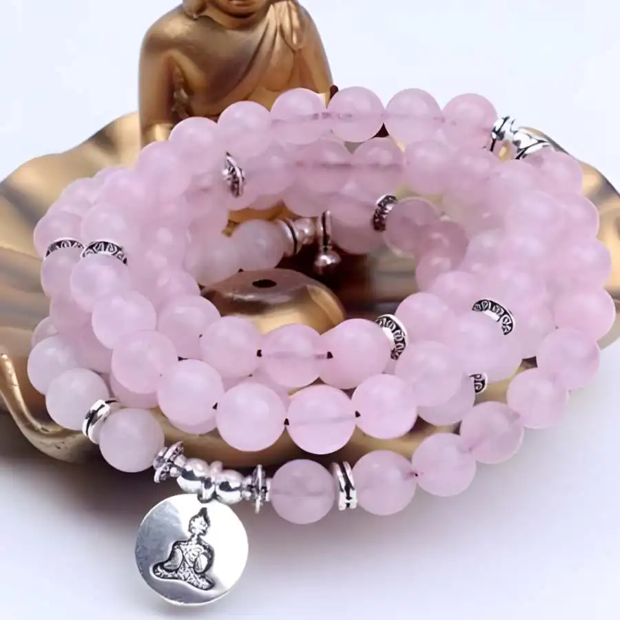 

8mm Pink Crystal Buddha Beads Tassels Necklace Chakra Jewelry Gemstone Yoga Chaplet tassel Bead Spiritual Natural stone