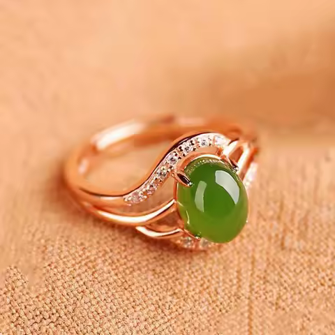 Creative Design Rose Gold Inlaid Natural Jasper Oval Opening Adjustable Ladies Ring Elegant Charm Silver Jewelry