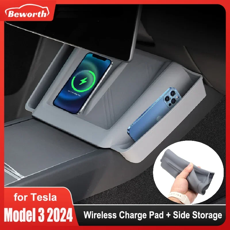 

For Tesla Model 3 Highland 2024 Wireless Charging Pad Non-Slip Mat with Side Storage Organizer Tray Model3 Charger Protect Cover