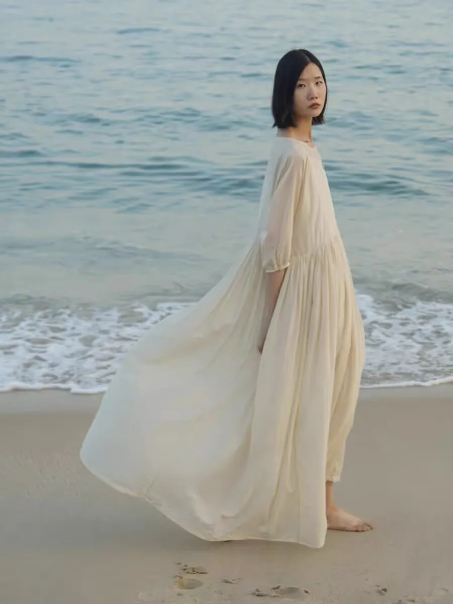 Vestido largo holgado de talla grande 2025, vestido informal adelgazante a la moda para mujer, capa Base para vacaciones, vestido cómodo N677