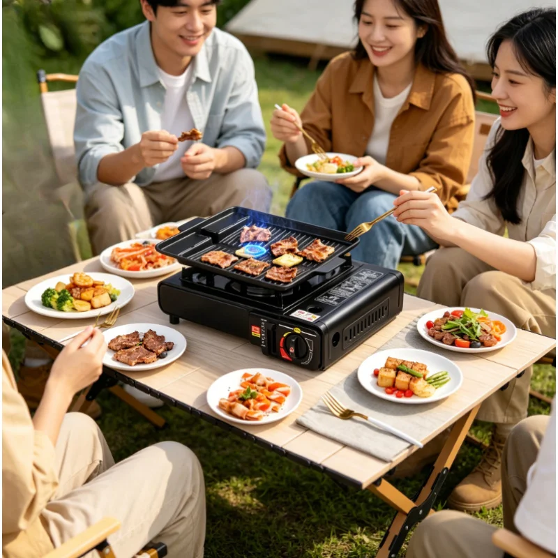 Tragbarer Outdoor-Kartuschen-Gaskocher, Multifunktionaler BBQ-Hotpot-Kocher für Hauspartys, Camping und Picknicks
