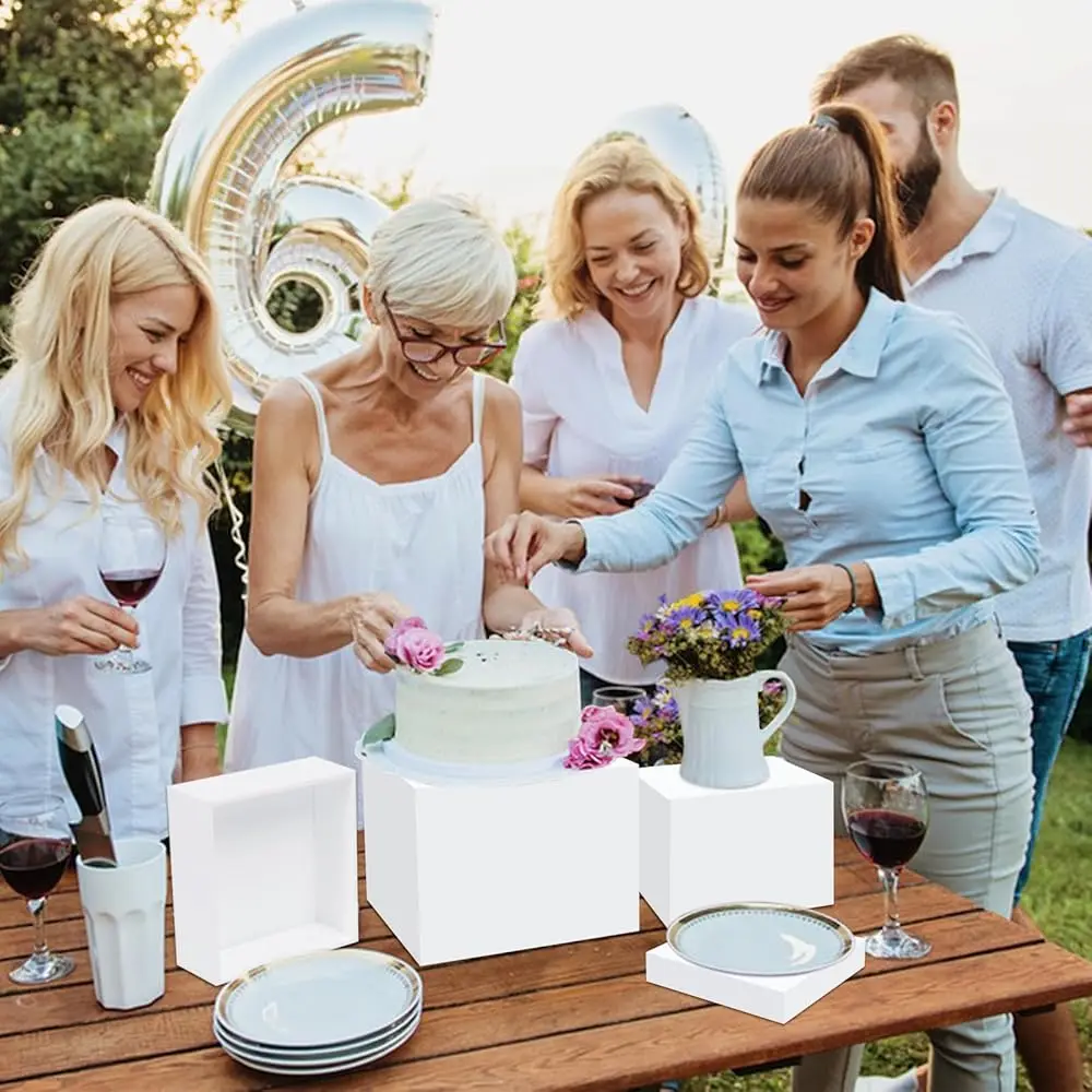 4 Pcs Acrylic Risers For Display White Risers Buffet Risers Dessert Display Stand Hollow Bot 4 Different Size Cube Acrylic