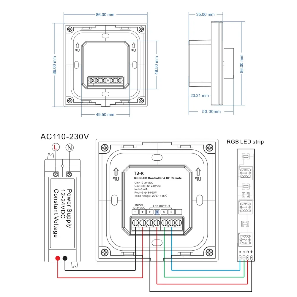 DC12-24V T3-K 4A * 3CH stałe napięcie montowany na ścianie 86 pokrętło RGB PWM Panel sterowania obrotowy kontroler przyciemniania LED zdalnego