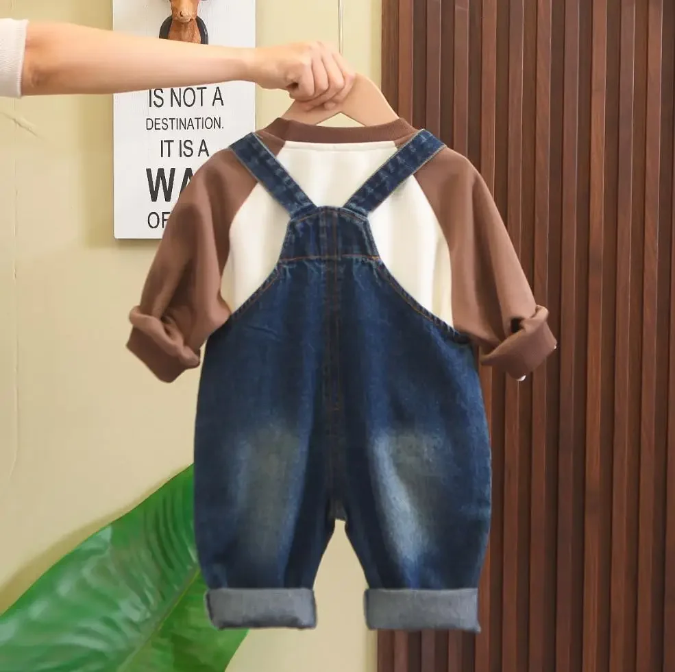 Ensembles de t-shirts à manches longues et salopettes en jean pour tout-petits, tenues de boutique pour enfants, vêtements pour bébés garçons, 6 à 12 mois