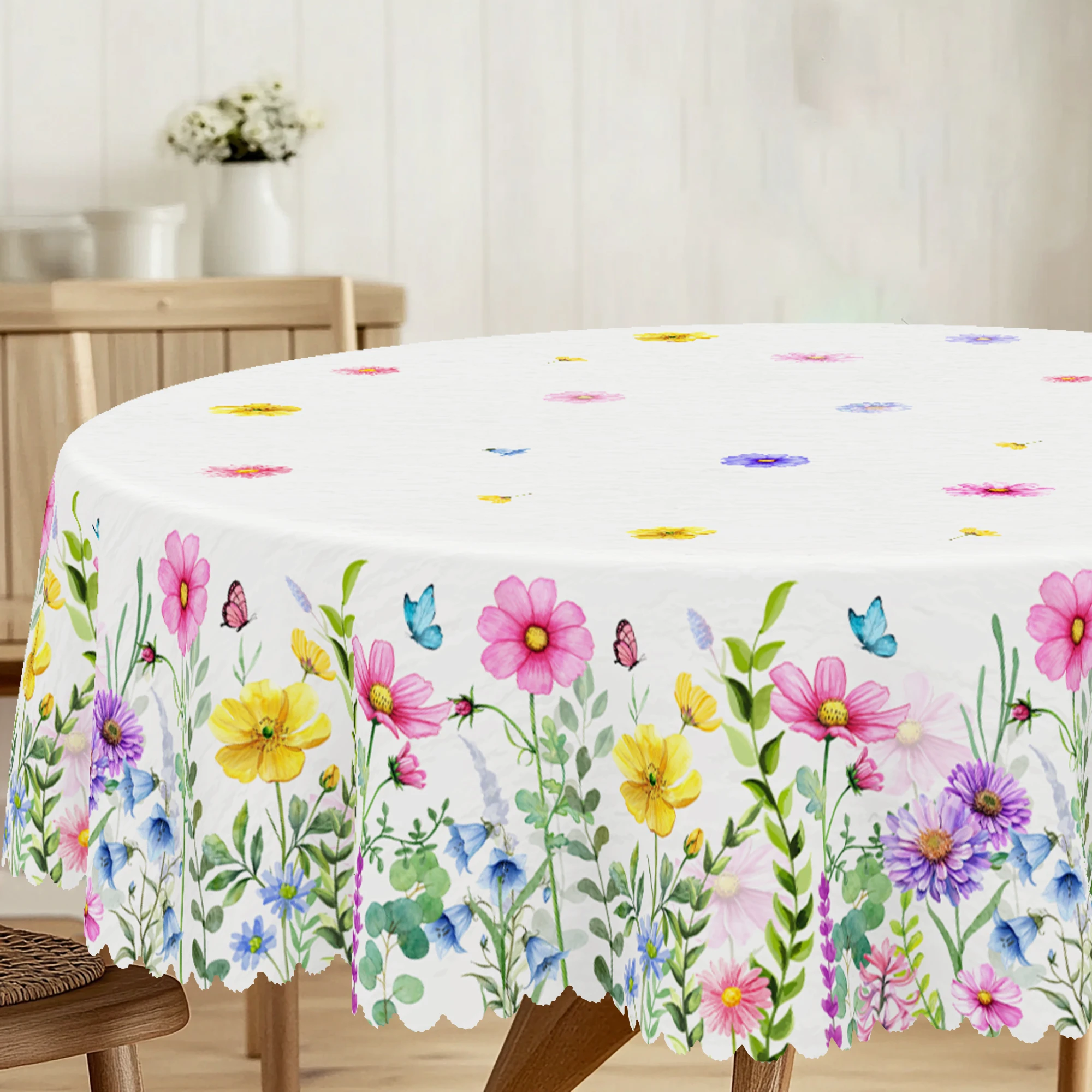 1 Piece Spring Round and Square Tablecloth, 5 Sizes, Flower and Butterfly Design Pattern Tablecloth, Easter Party, Valentine's Day Theme, Spring Decoration, French Style, Tablecloth for Home Kitchen, Picnic, Gift