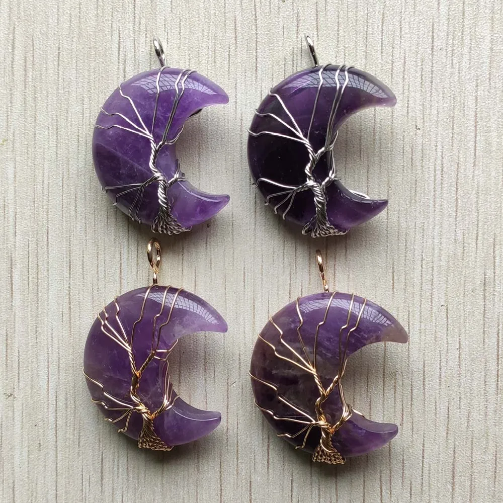 Fashion Natural amethysts stone wire wrap tree of life Moon pendants for Men women Jewelry Wholesale 4pcs/lot fast shipping