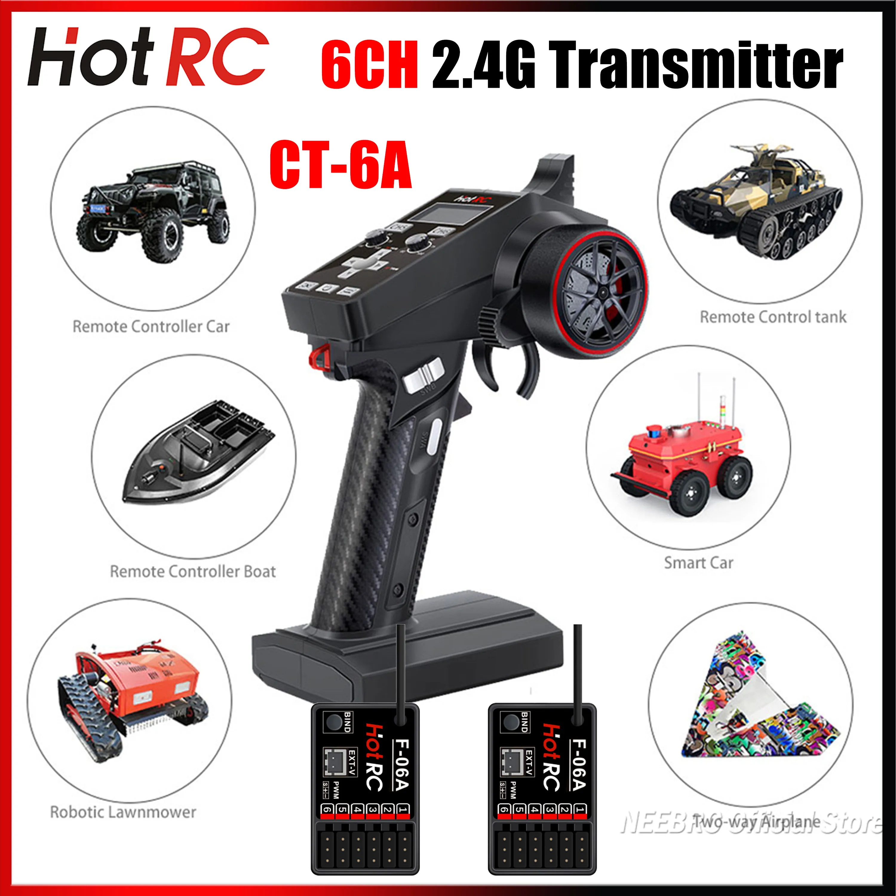 HotRC CT-6A 6CH 2.4G Remote Controller Transmitter F-06A Receiver 4-9V Radio System for RC Car Boat Tank Crawler TRX4 SCX10 Part