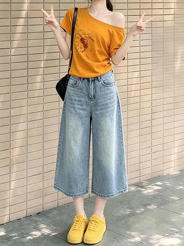 

American Retro Seven-Five High Waist Loose Women's Jeans Summer 2026 New Style Wide Leg Six-Short Pants Casual Cotton Blend