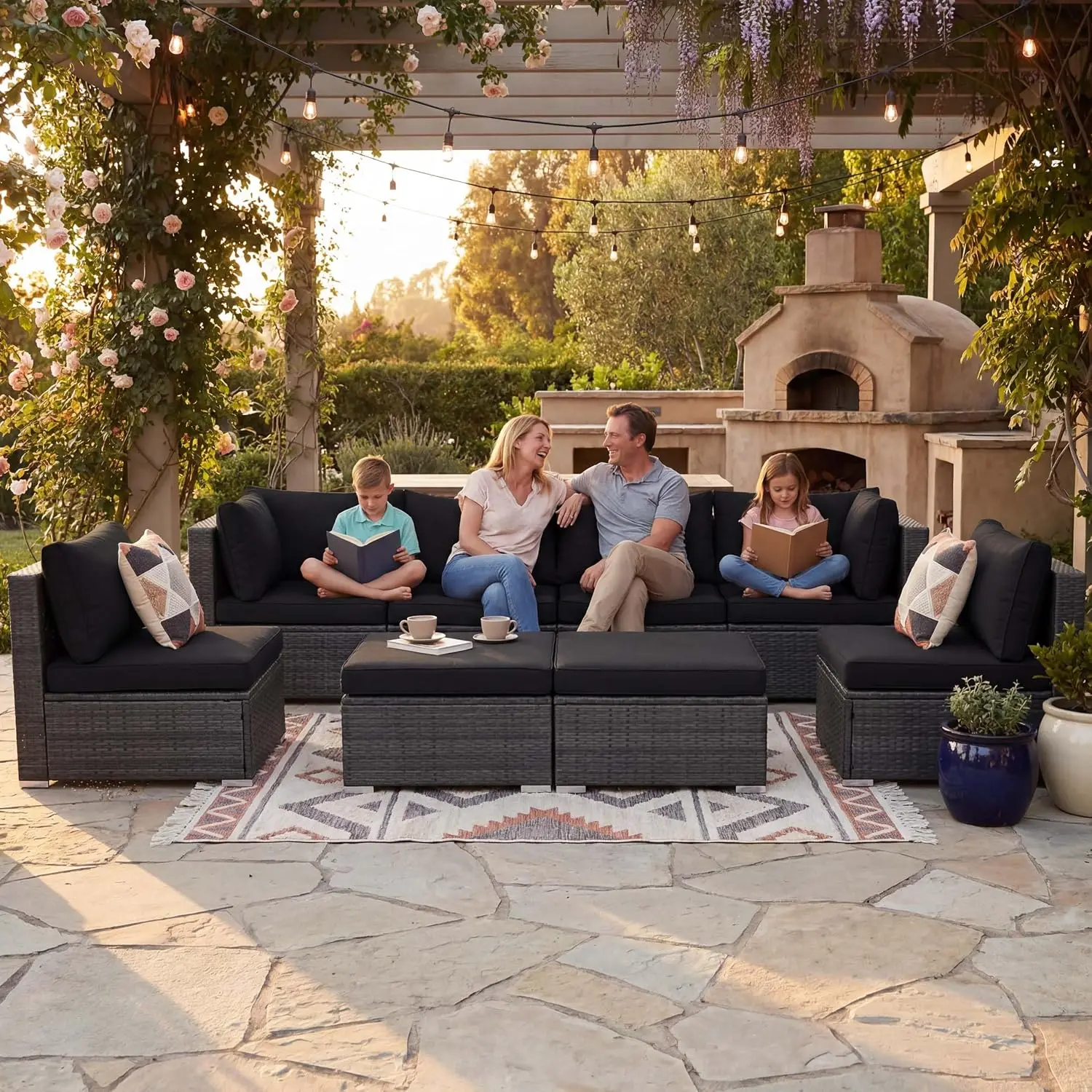 Large Wicker Patio Furniture Set, L Shaped Modular Sectional, Deep Seating, 8 Piece 29.3 Inch, Black & Gray Cushion, Customized