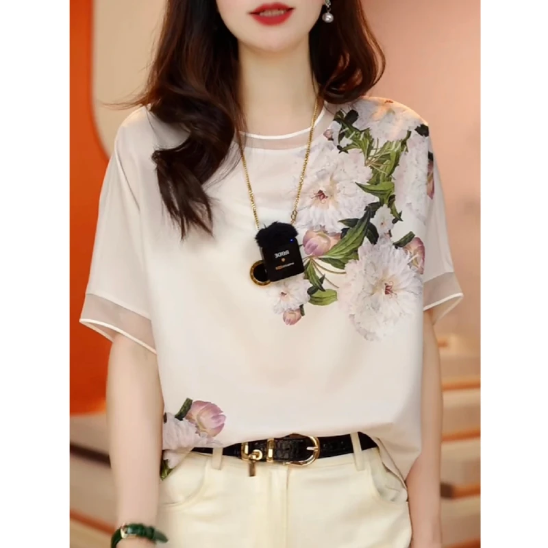 New Summer Women\'s Solid Colors O-Neck Short Sleeve Loose Thin Chiffon Pullovers Printed Trendy Comfortable Commute Tops