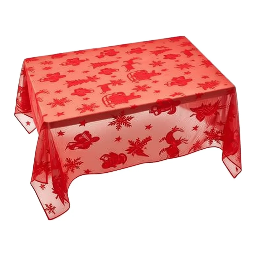 Christmas Table Cover Polyester 140 230CM Sheer Transparent Fabric Flocked Reindeer Snowflake Design for Holiday Table
