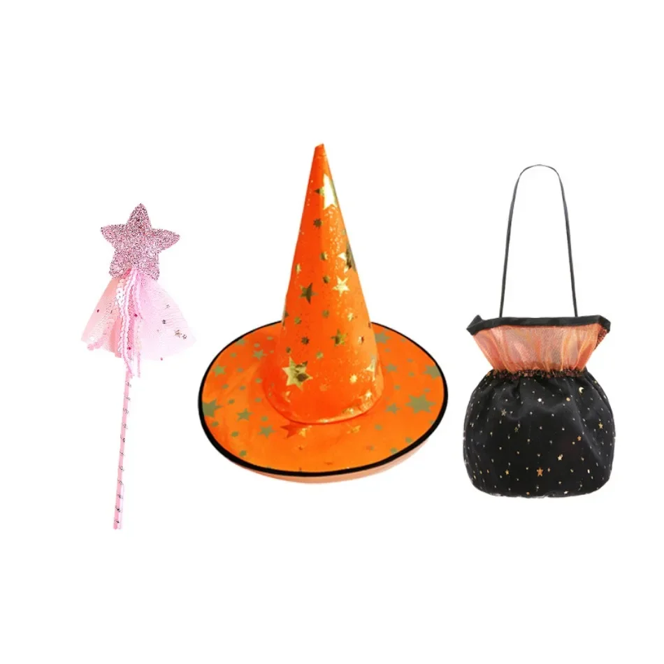 Kinder-Halloween-Hexen-Kostüm-Set mit Kapuze, Hexenhut, Zauberstab, Süßigkeitentasche, Kinderparty, Mädchen-Hexen-Umhang, XMZ65 – Detail 4