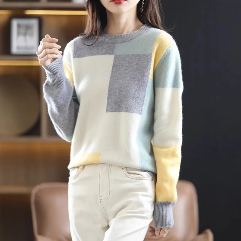 Women Color Block Knit Sweater Geometric Patchwork Crew Neck Loose Long Sleeve Casual Pullover For Autumn Winter
