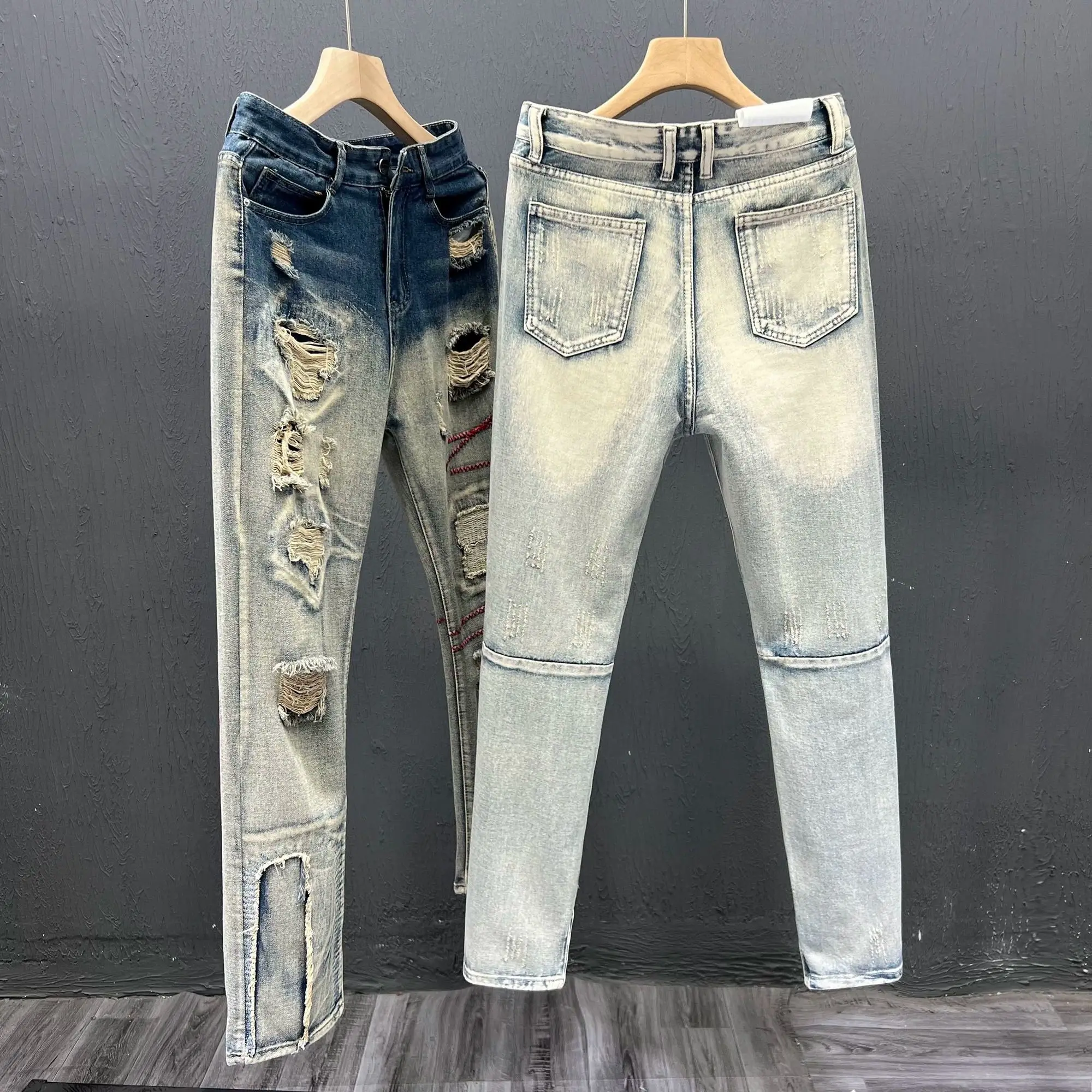 High Street Washed Men's Clothing Ripped Jeans Slim-fit Small Straight Trousers Youth Popular Zipper Trousers Handsome Pants