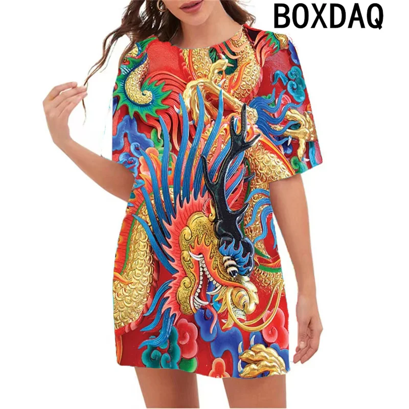 Tie Dye Colorful Dragon Pattern Print Dress Woman Street Fashion Personalized Mini Dress Short Sleeve Casual Dress Vestidos