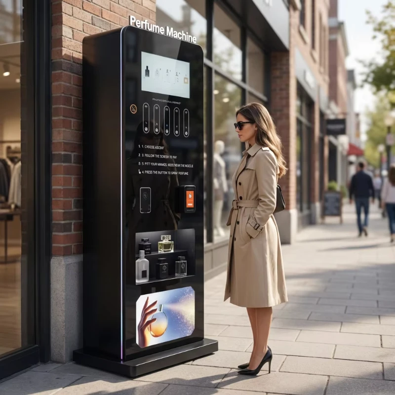 

UK Street Area Perfume 5 Nozzles Sprayer Vending Machine Cologne Vending Machine With Customized LED Lights Supply Card Coin