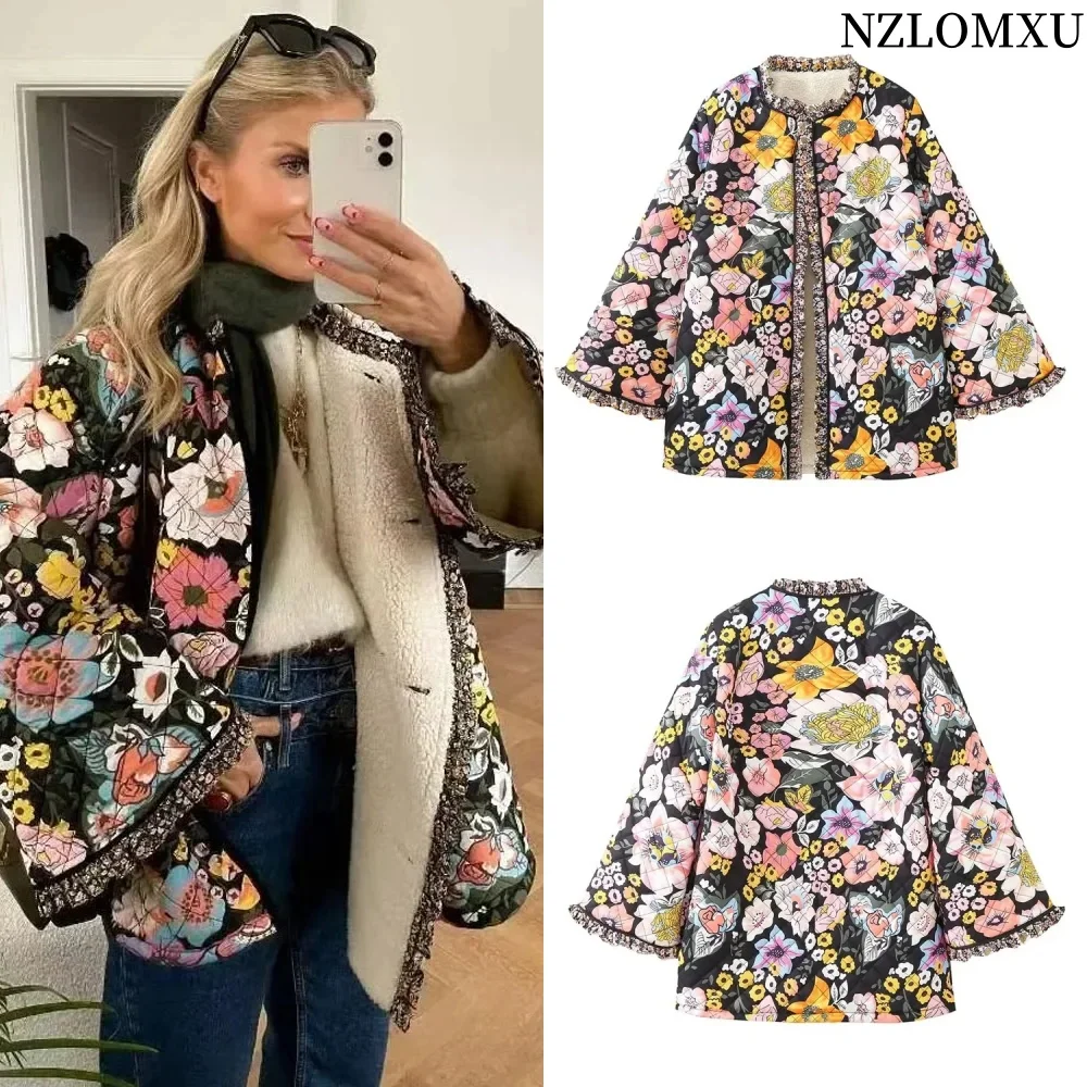 Flower Winter Coat for Women Quilted Jacket Parkas Woman Autumn Winter Printed Vintage Jacket Tweed Warm New in Outerwear