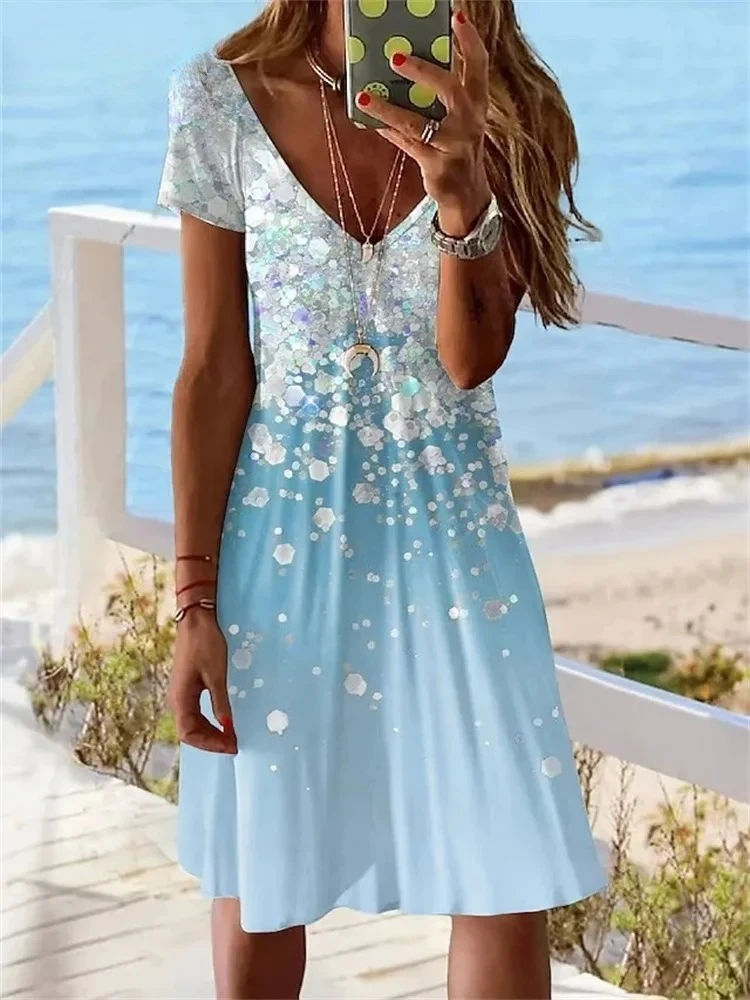 2024 Nowa sukienka damska z krótkim rękawem Letnia sukienka Pullover Fashion Plus-Size Casual Loose V-Neck Ladies Summer Print Party Dress