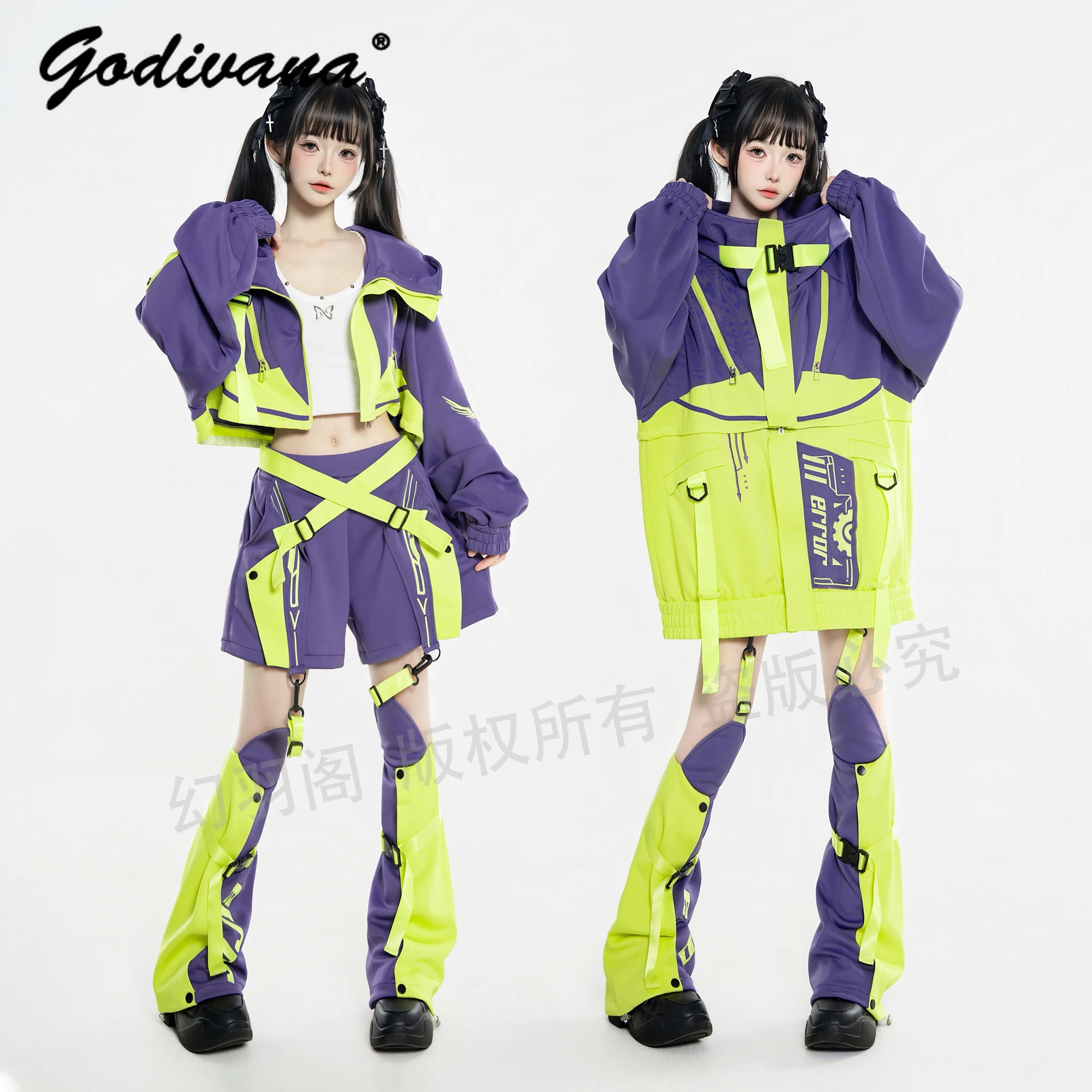 Original Sweet Cool Functional Style Outfit Subculture Punk Women's Loose Hooded Short Jacket Coat and Shorts Casual Sports Set