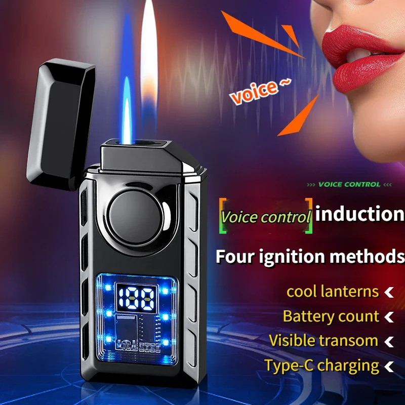 2024 New Smart Power Display Visual Transom Dual-flame Lighter with Direct Injection and Open Flame Inflatable Cigarette Lighter