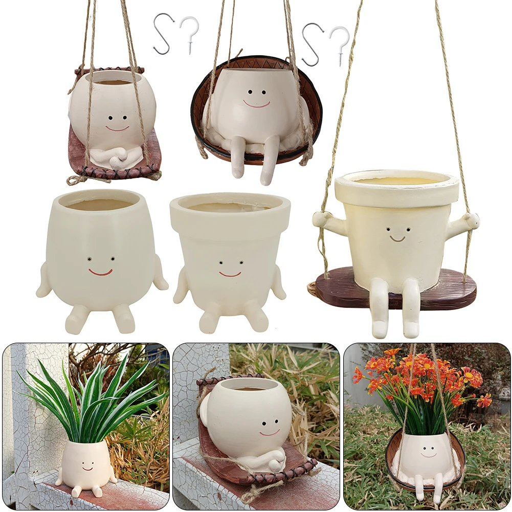 Hanging Hammock Planter Resin Swing Smile Face Planter Creative Cute Plant Succulent Pots for Indoor Outdoor Plant