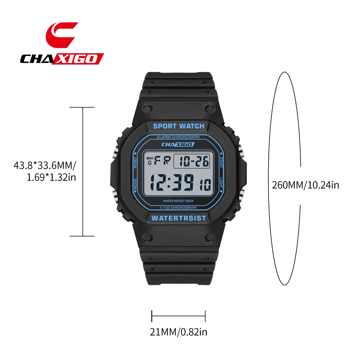 ساعة CHAXIGO الرياضية الرقمية بحزام سيليكون للرجال 43.8 ملم LED مضيئة مقاومة للصدمات 30 متر ساعة رقمية مقاومة للماء