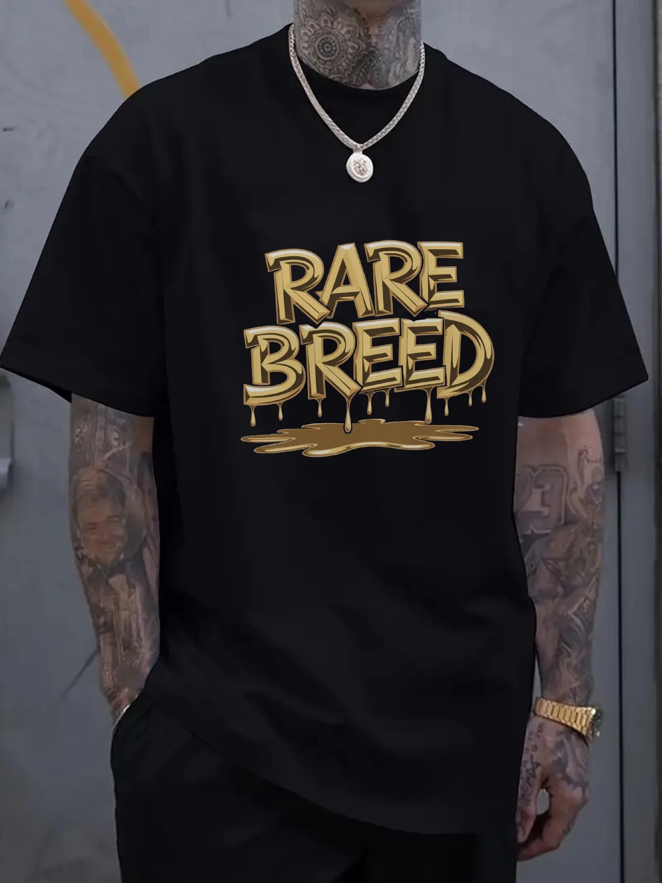 Men's Oversized Black T-Shirt with Golden Rare Breed Drip Print - Streetwear Summer Essential, Breathable Short Sleeve Tee, Mach
