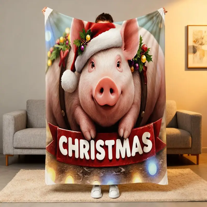 1 قطعة بطانية صوف الخنزير الكرتونية-قبعة سانتا/هولي/زخرفة، ديكور منزلي لعيد الميلاد لجميع المواسم