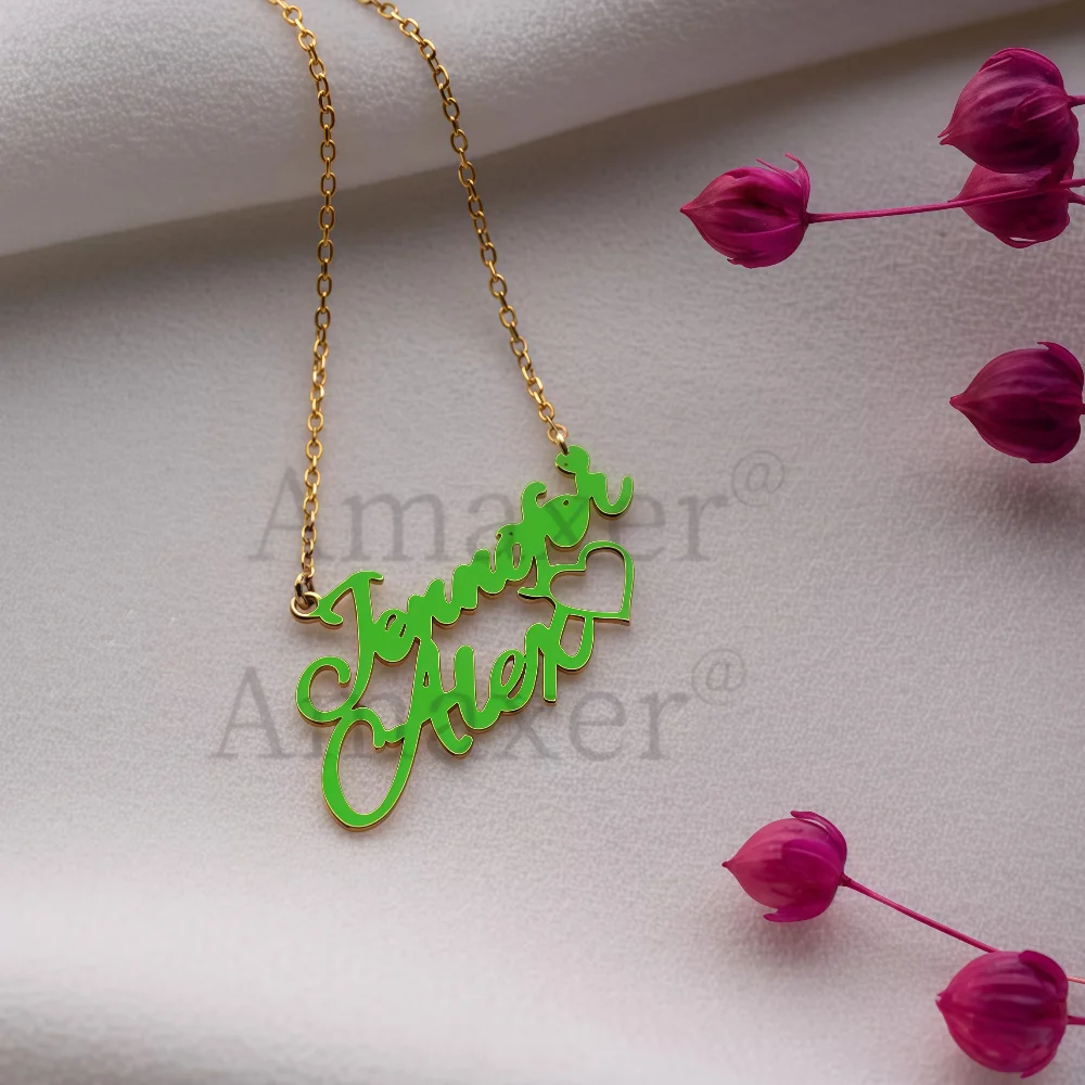 

Персонализированное цветное ожерелье с двойным именем, 2-слойная подвеска с именем для женщин и мужчин, ожерелье с именем на день Святого Валентина, рождественские подарки