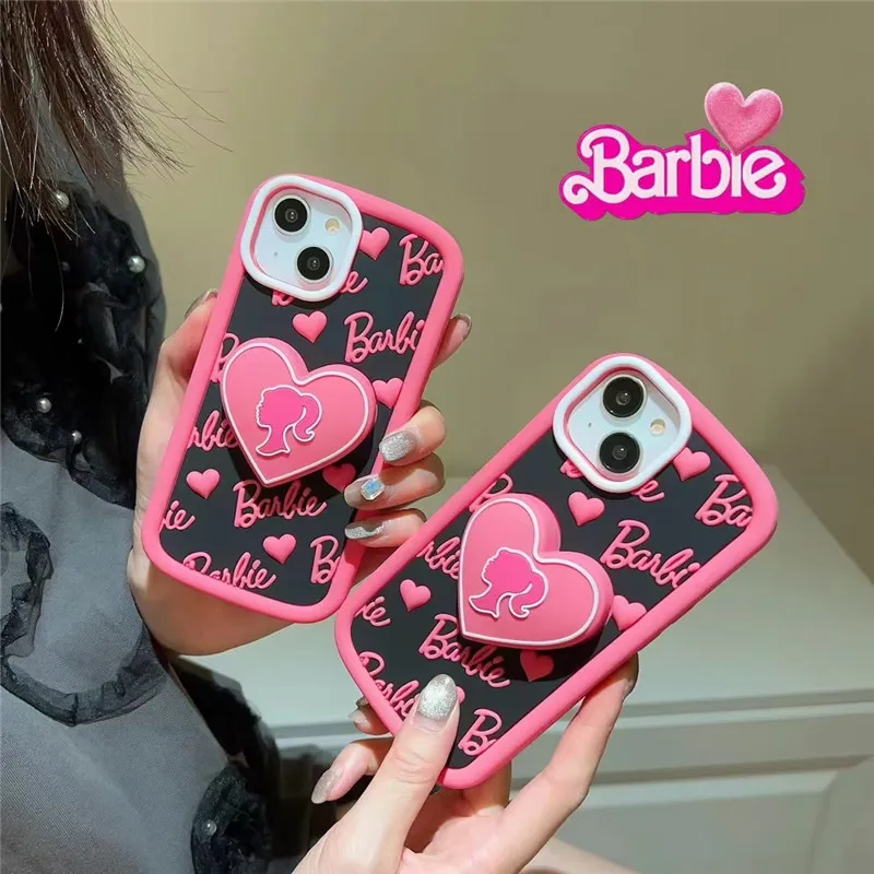 Fashion Barbie Barbies 3D Soft silicone Phone Case for iPhone 11 12 13 14 15 Pro Max ins Girls Telescopic bracket Funda Cover