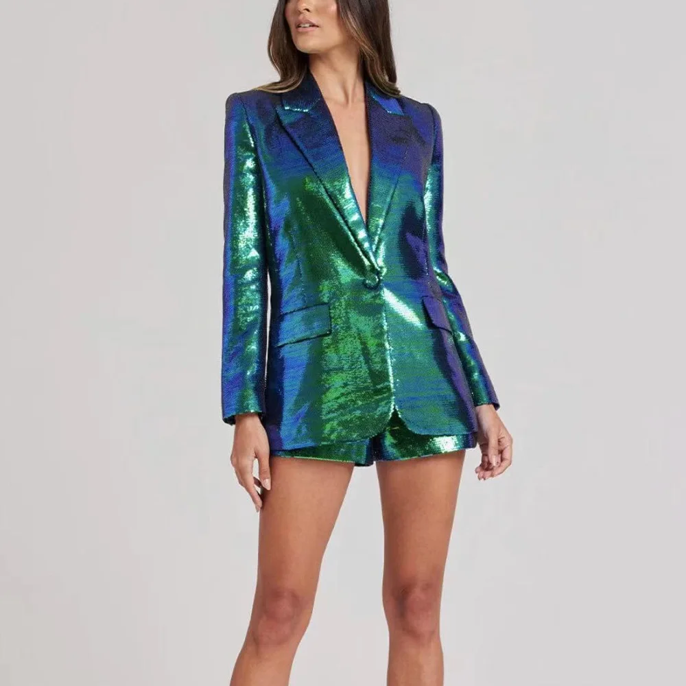 Dark Green Sequins Blazer Shorts Suits 2 Piece Sets Fashion Personality BLING BLING Shiny Bright Party Shorts Suit Women Outfits