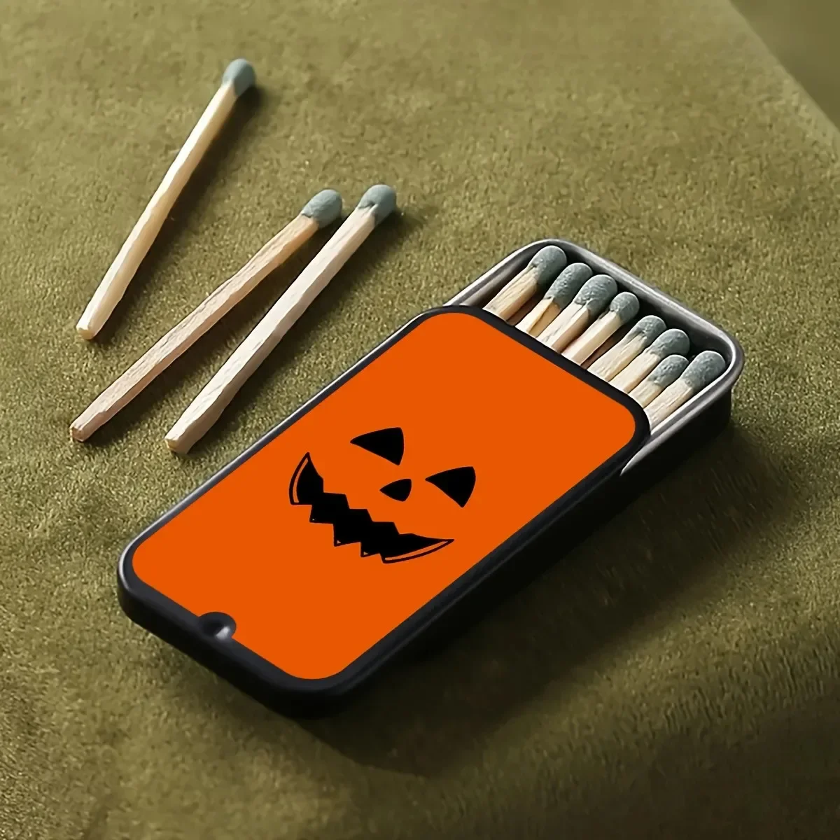 Halloween Pumpkin Face Match Storage Tin, Rectangular Metal Matchbox Holder, Portable Decor Box for Matches & Tiny Items