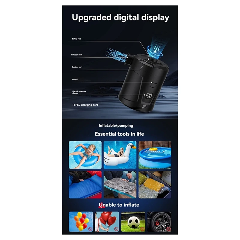 Bomba de aire eléctrica con carga USB, Mini inflador de 5200Mah, 4300Pa, 3 boquillas para cojines inflables, camas de aire