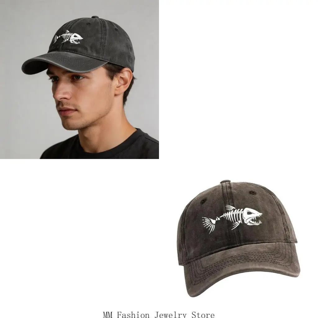 Trendy Fish Bone Print Baseball Cap Lightweight Adjustable Strap For Women Men D0UB
