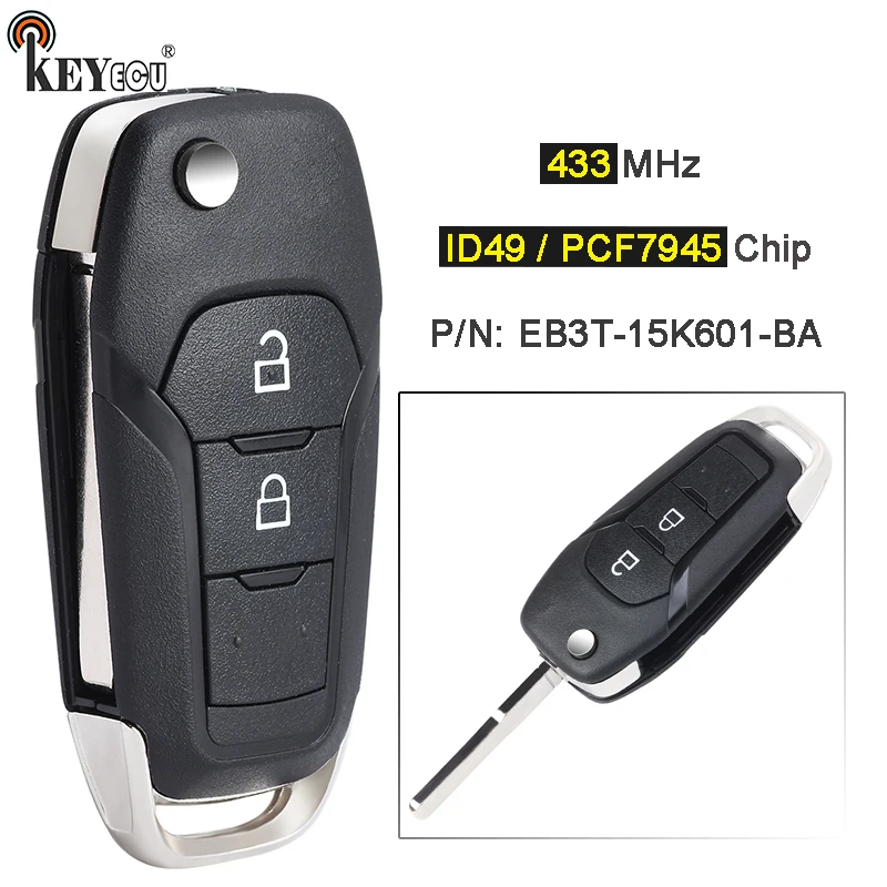 KEYECU 433MHz ID49 / PCF7945 Chip EB3T-15K601-BA Remote Key Fob for Ford Ecosport Ranger Mondeo 2014 2015 2016 2017 2018 2019