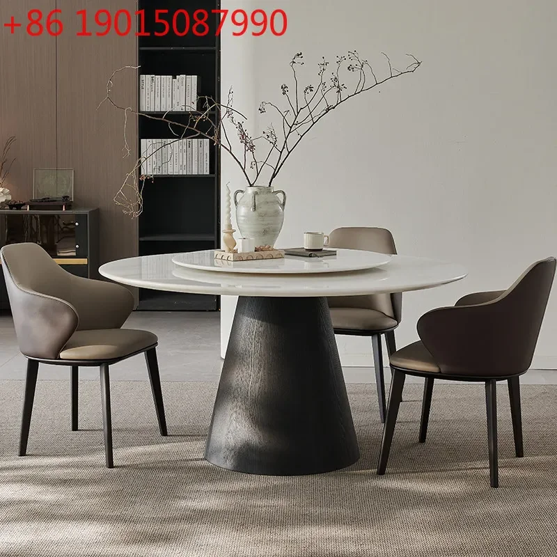 Imported Fendi white natural marble dining table high-end solid wood round table and chair combination round luxury