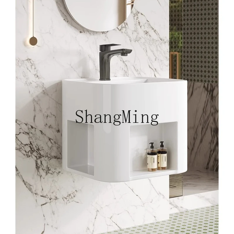 

SM wash basin ceramic integrated wash basin small apartment bathroom balcony with storage bathroom cabinet wash basin