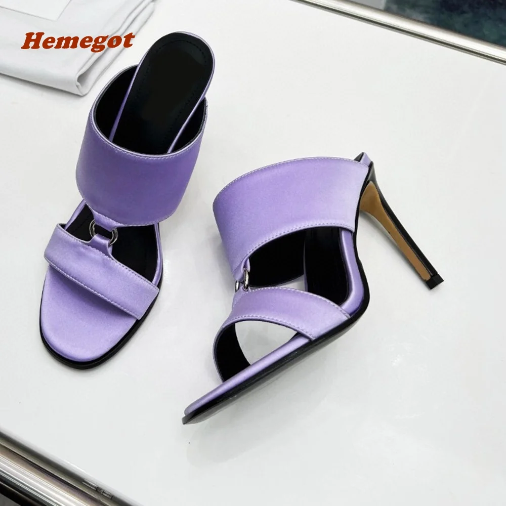 

Purple Satin Stiletto Heels Slippers Round Toe Solid One Strap Slip On Mules 2023 New Luxury Party Shoes Outside Large Size 46