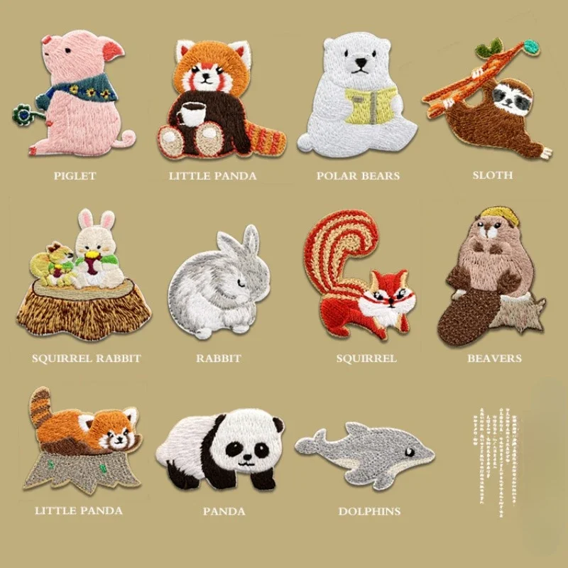 Nuevo parche bordado de animales bonitos, Panda rojo, delfín, oso, funda de teléfono de dibujos animados, pegatinas autoadhesivas decoradas de dibujos animados
