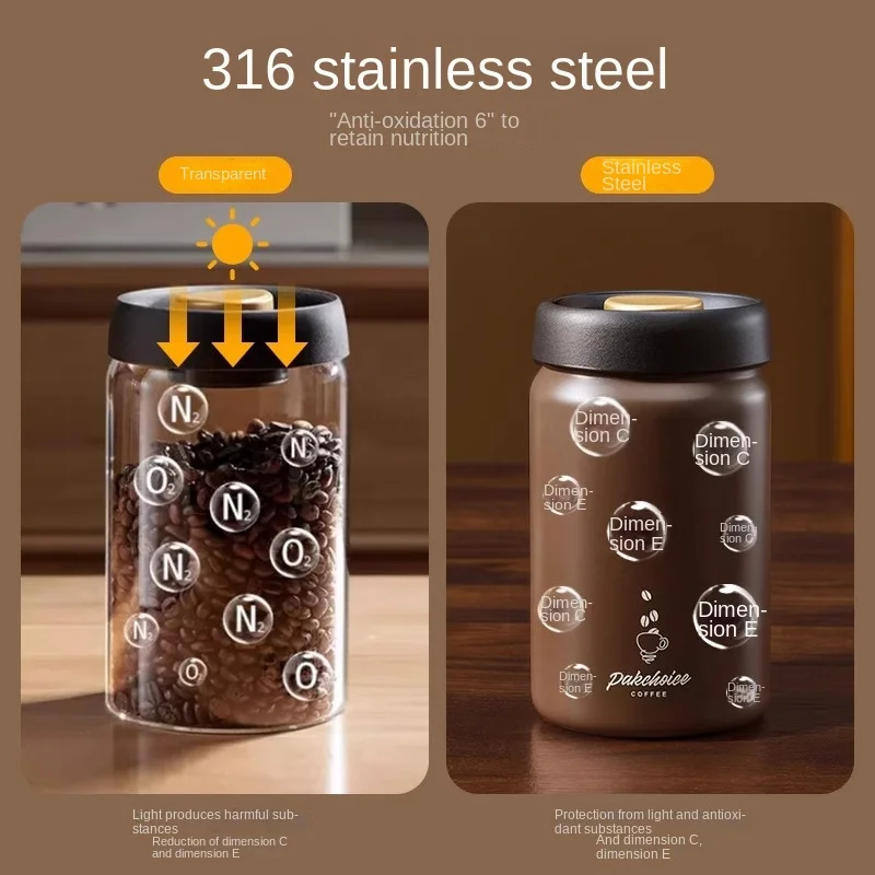 Vacuum Coffee Bean Storage Container Stainless Steel Airtight Canister Light-proof Tea Spice Food Storage Jar Kitchen Tool 