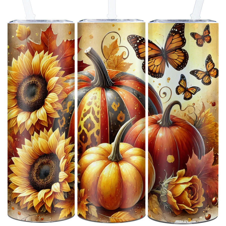 20oz 1Pc Coffee Mugs Straw Lid 3D Print Autumn Pumpkin & Flowers Tumblers Outdoor Portable Travel Cups Stainless Straight Mugs