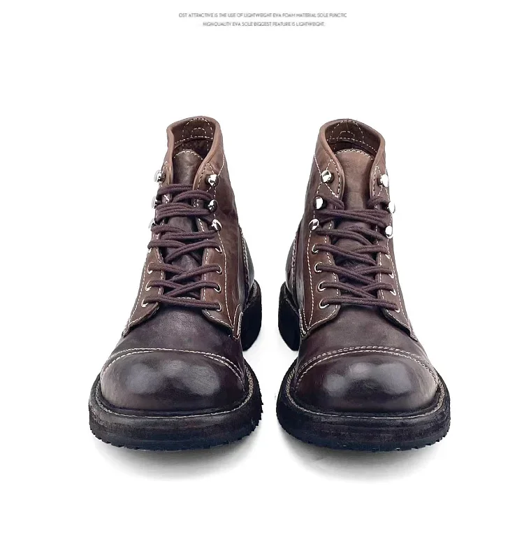Genuine Leather Big Toe Leather Shoes High Cut Thick Soled Workwear Washed Horsehide Handmade Men Boots
