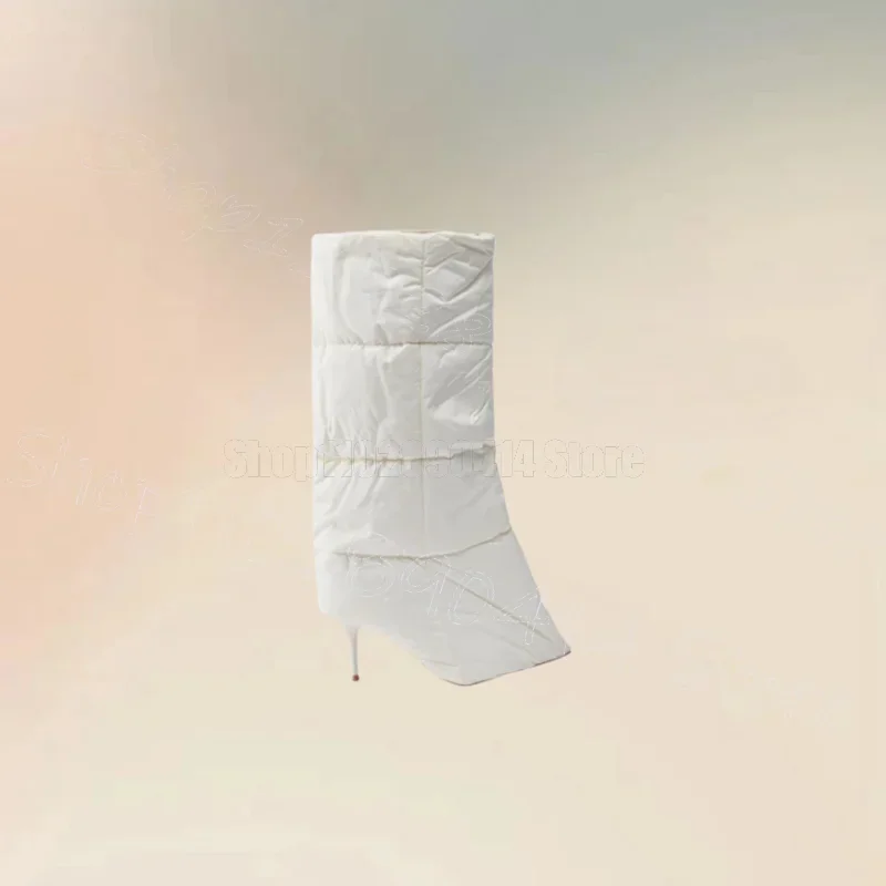 White Down Feather Design Large Cuff Boots Slip On Women Shoes Thin High Heels Pointed Toe Party Feast 2024 Zapatos Para Mujere