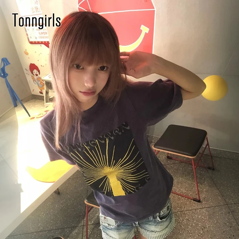 Tonngirls Y2k Japanese Print Graphic Tops Short Sleeve American Retro Vintage Tops Washed Casual T Shirts 2000s Aesthetic Summer